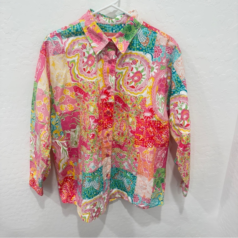 Key West Colorful Patchwork Button-Up Shirt Womens Large Tropical Vacation Beach